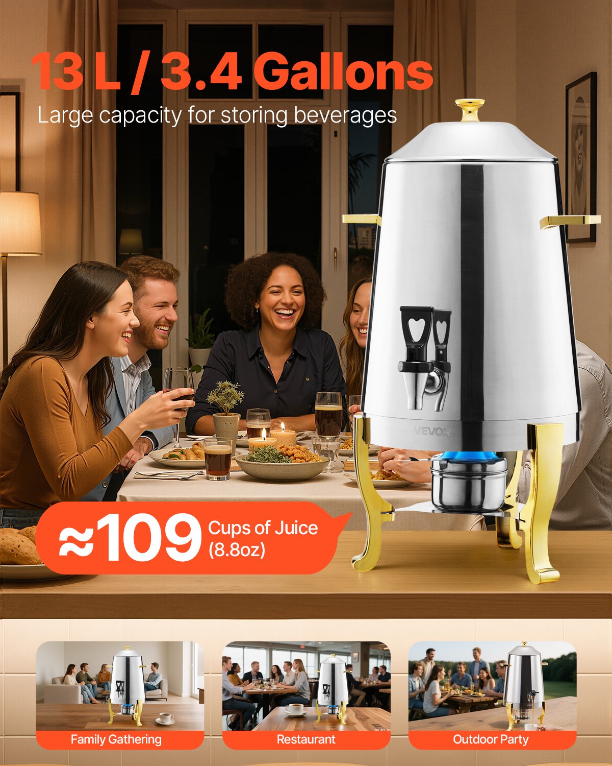 VEVOR Beverage Dispenser, Hot Beverage Dispenser (13 L) made of stainless steel with alcohol burner, Cold Beverage Dispenser with drip-free tap for coffee, tea, hot water, for restaurants, hotels, parties