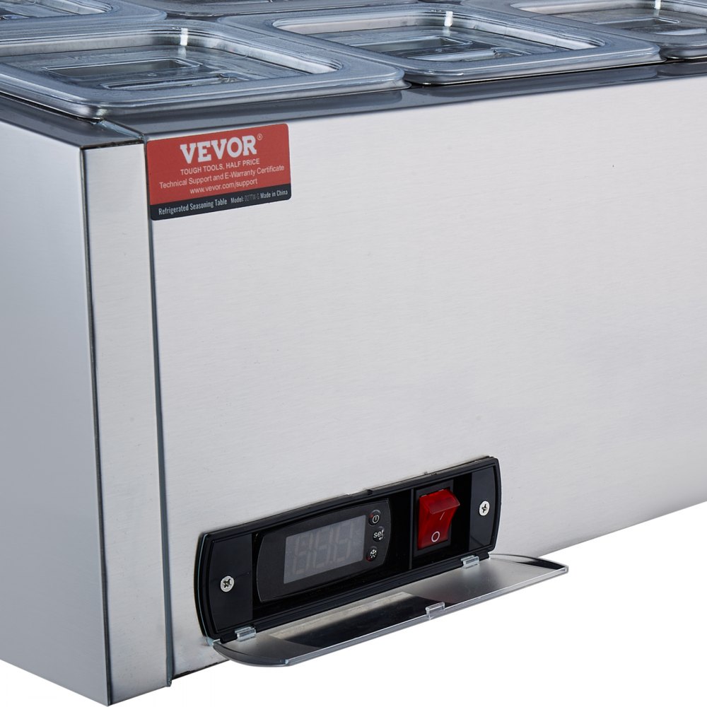 VEVOR Stazione di Preparazione Refrigerata per Condimenti da Banco 145 W Stazione di Preparazione per Frigorifero 8 Vaschette 1/6 Coperchio PC, Tavolo per Preparazione Panini in Acciaio Inossidabile