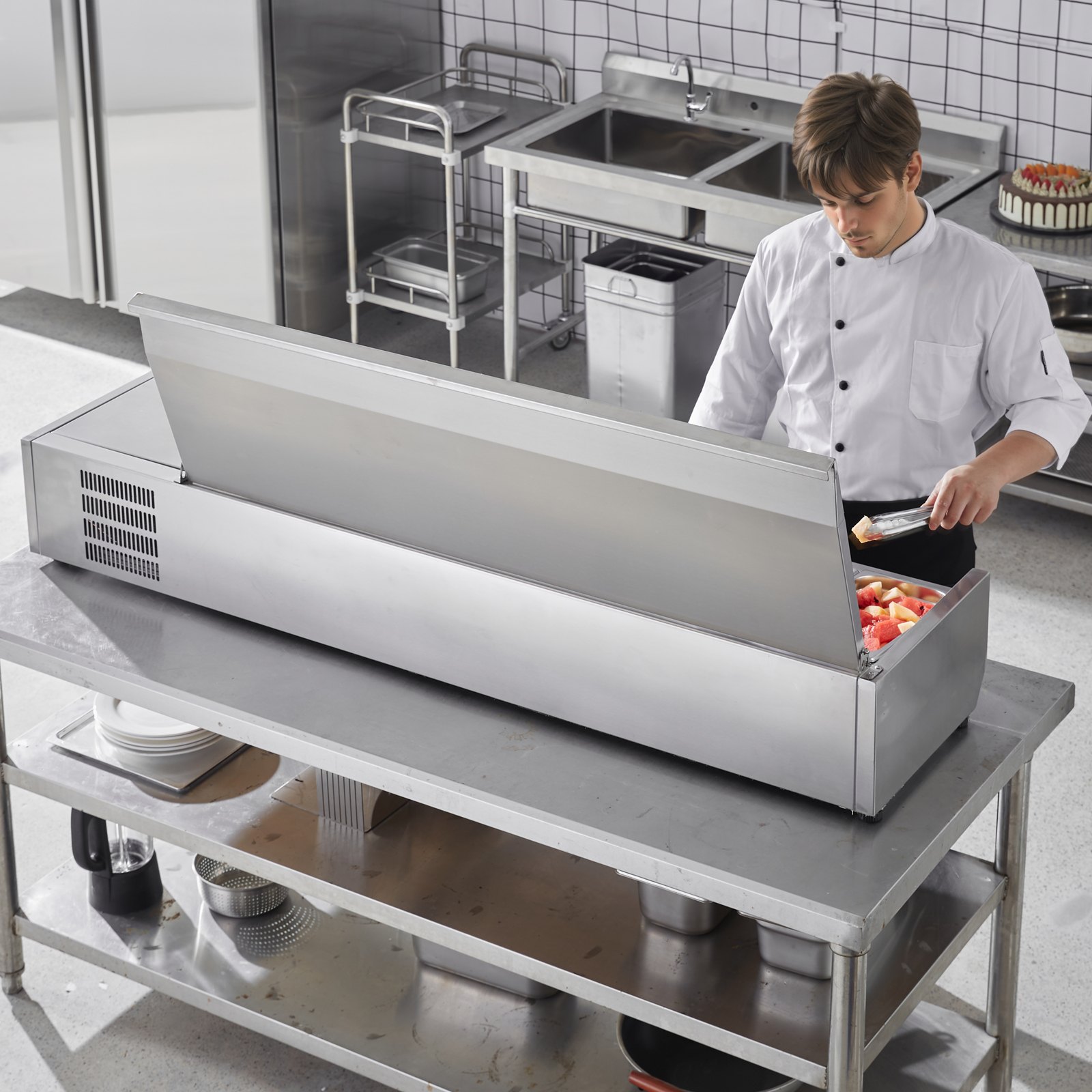 VEVOR Refrigerated Spice Station for the Countertop, Preparation Station with 5 x 1/3 Pans & 4 x 1/6 Pans, Body made of 304 Stainless Steel and Lid made of PC, Sandwich Preparation Table with Stainless Steel Protection