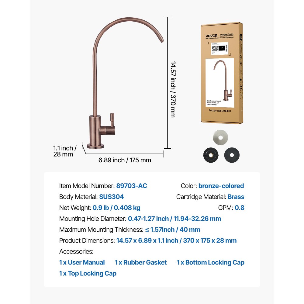 VEVOR Ro Water Faucet, Lead-Free Stainless Steel Faucet, Drinking Water Faucets with Solid Brass Valve, Anti-Rust & Durability Drinking Water Faucets For Kitchen, Bar Counter, Cafe, Antique Bronze