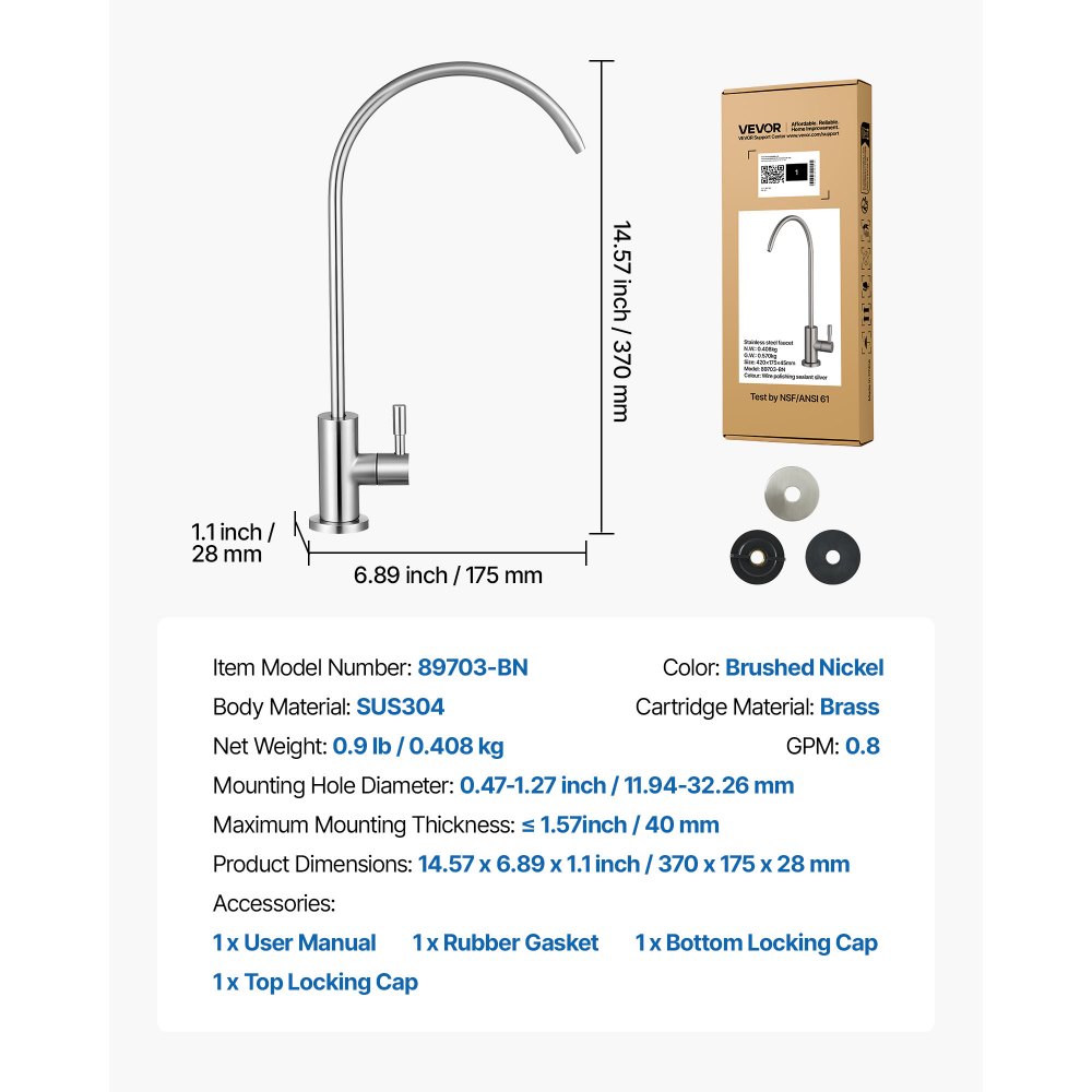 VEVOR Rubinetto in Acciaio Inox, Rubinetto per Acqua Potabile Senza Piombo, Rubinetto a Osmosi Inversa con Valvola in Ottone Massiccio, Rubinetto Filtrato ad Arco Alto, Nichel Spazzolato