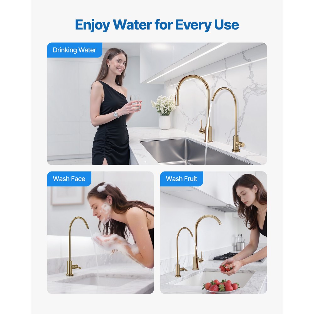 VEVOR Rubinetto in Acciaio Inox, per Acqua Potabile Senza Piombo, Rubinetto a Osmosi Inversa con Valvola in Ottone Massiccio, con Filtro per Acqua per Lavello da Cucina, Oro Spazzolato