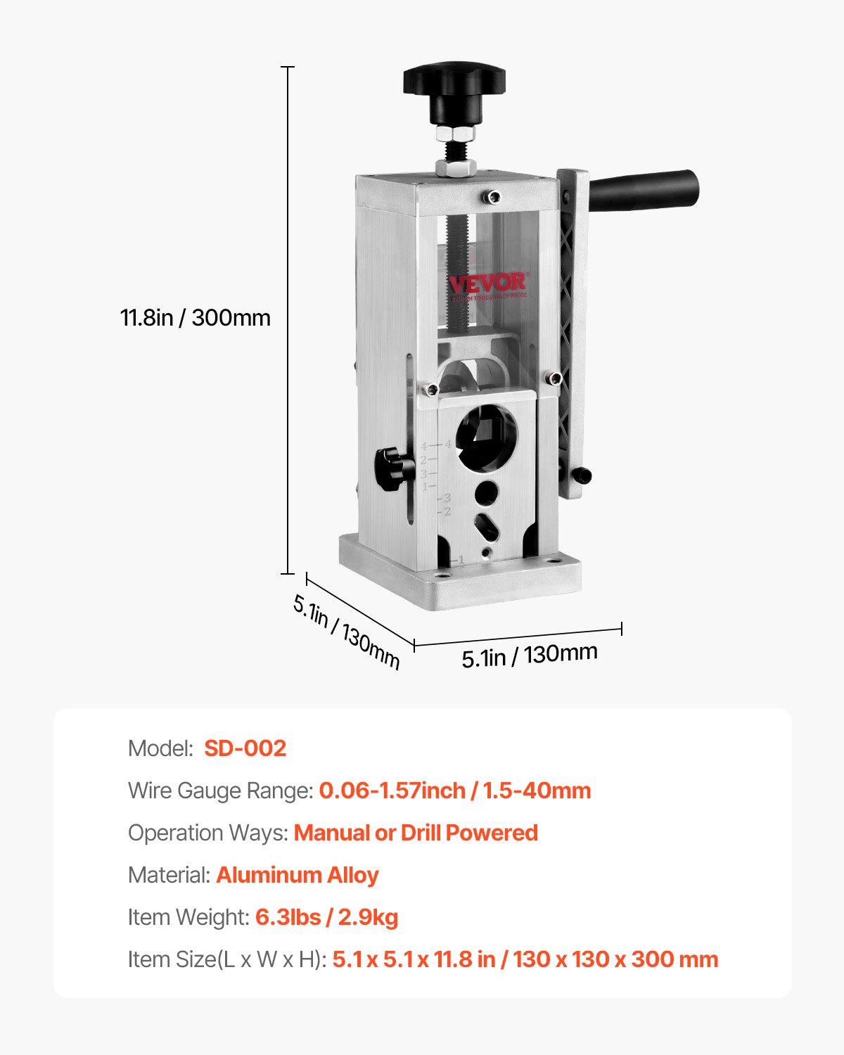 VEVOR Macchina Spellacavi Manuale in Lega di Alluminio Calibro tra 1,5-40 mm, Macchinetta Spellafili Manuale per Cablaggio Cavi Elettrici Funzionamento con Trapano 13 x 13 x 30 cm, Spella Cavi Manuale
