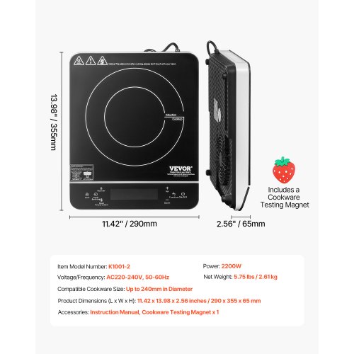 VBGK Piano Cottura Elettrico A 1 Piastra 2000W - Vetroceramica Touch Con Timer E Blocco Sicurezza - Portatile 220V