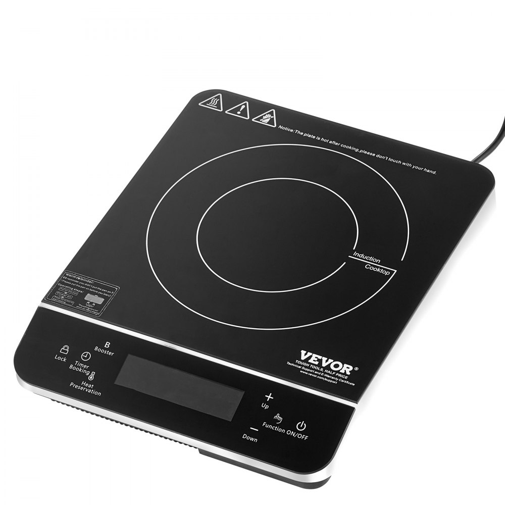 VEVOR portable induction cooktop (290 x 355 x 65 mm) 2200 W with 9 temperature settings. Cooktop compatible with magnetic cookware (up to 24 cm diameter).