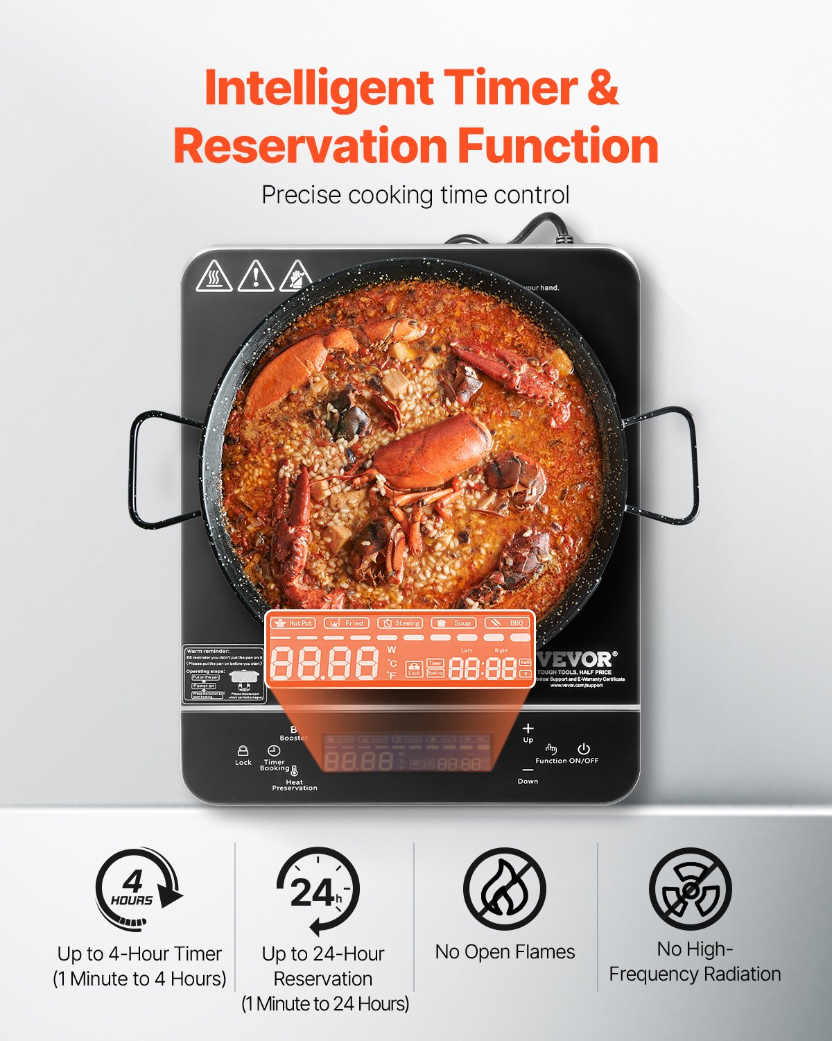 VEVOR portable induction cooktop (290 x 355 x 65 mm) 2200 W with 9 temperature settings. Cooktop compatible with magnetic cookware (up to 24 cm diameter).