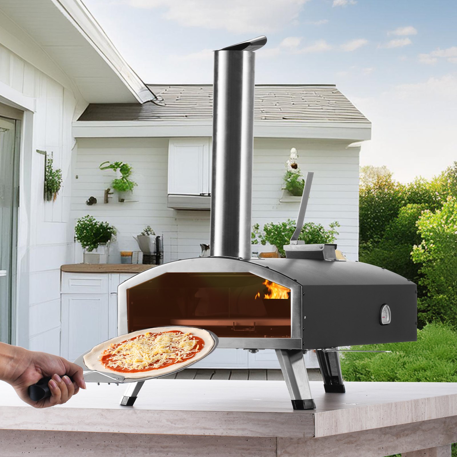 VEVOR Forno Portatile per Esterni 304 mm, Pellet e Trucioli e Carbone Tri-Fuel, Griglia Pizza con Spruzzo di Ferro, Include Pietra Pizza Girevole a 210°, Paletta, Ideale per Campeggio Cortile, Nero