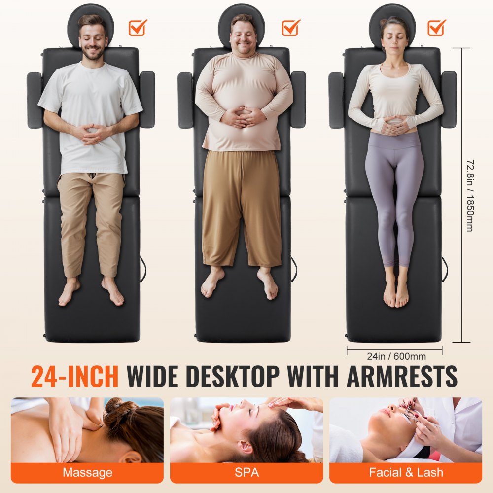 VEVOR Lettino da Massaggio Portatile Larghezza 600 mm Lettino per Tatuaggi da Salone Regolabile in Altezza a 8 Livelli, Carico 272 kg Lettino da Spa con Poggiatesta, Braccioli, Borsa per Trasporto