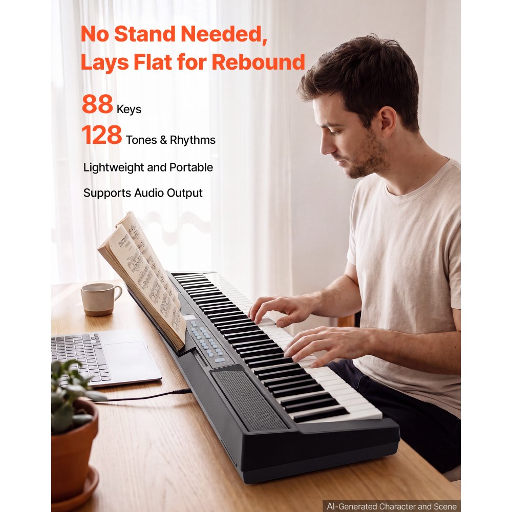 VEVOR Pianoforte Digitale a 88 Tasti Semipesati Senza Supporto Leggio Nero per Principianti, 128 Suoni e Ritmi, Doppia Alimentazione, Portatile, con Pedale, Connettività USB/MIDI, Tasti Standard 22mm