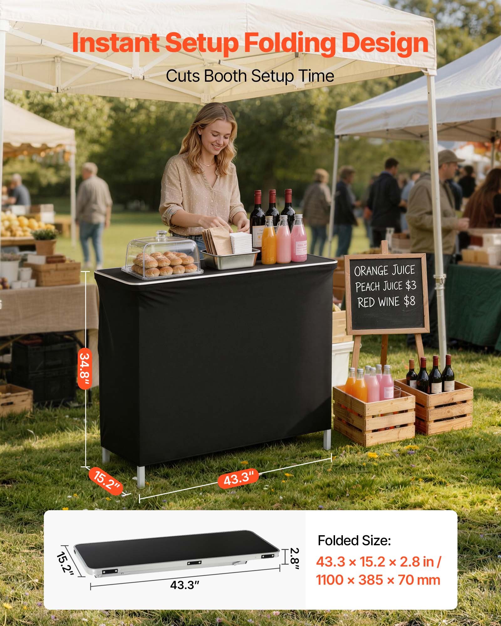 VEVOR Tavolo da Bar Pieghevole e Portatile per Esterno, Bancone Leggero 1100 x 385 x 885 mm, con Borsa per il Trasporto, Ripiano Portaoggetti e Tela Rimovibile, Postazione per Bancarelle in Fiera