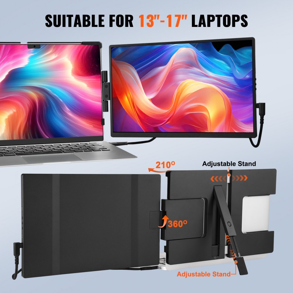 VEVOR Estensore Schermo Portatile, Monitor Doppio Esteso FHD 1080P IPS  355 mm per Laptop 330-431 mm, Monitor Portatile Girevole Porta USB-C/USB-A/Mini HDMI, Compatibile Mac/Wins/Android/Switch/PS5