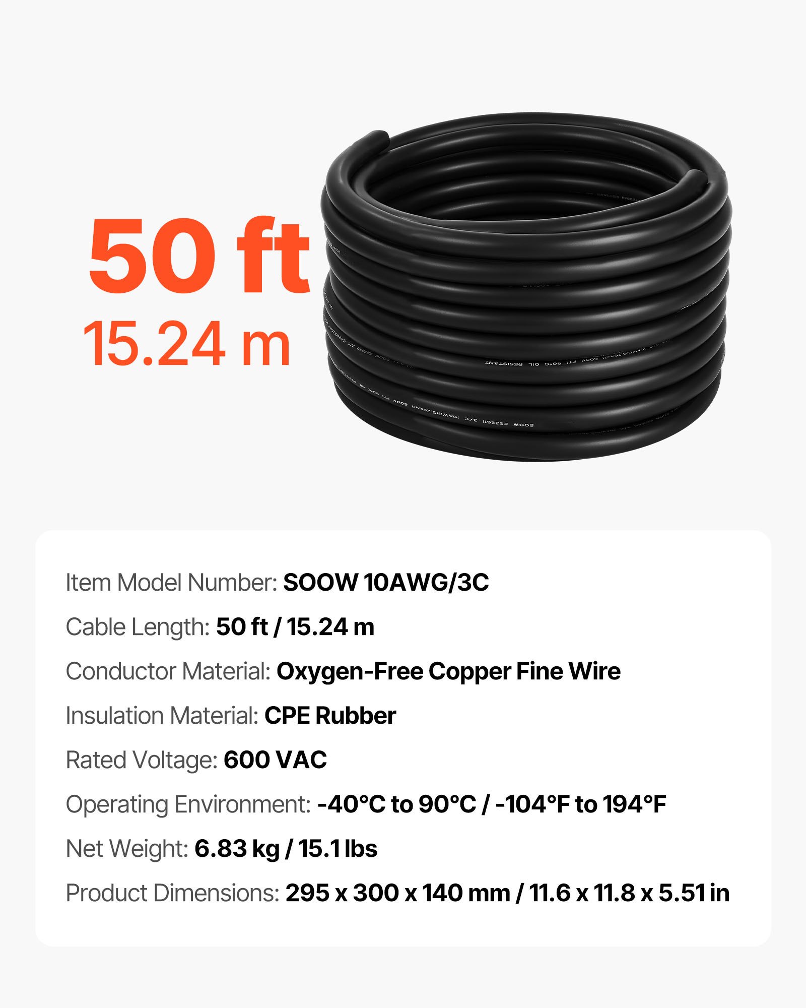 VEVOR 15.24 m 10AWG Portable Power Cable (3 Conductor), Heavy Duty 600V SOOW Electrical Copper Extension Cable, Industrial Grade Electric Wire, Premium CPE Rubber Jacket, Power Cord for Welder Machine