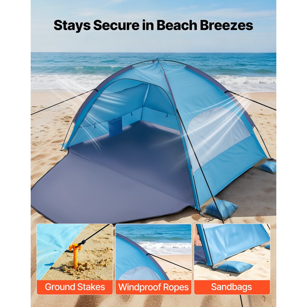VEVOR Tenda da Spiaggia Parasole per Mare per 4 Persone, Tenda da Sole Portatile con Borsa per il Trasporto e Ancoraggi a Terra, Ombrellone da Spiaggia Leggero per Campeggio, Pesca, Picnic