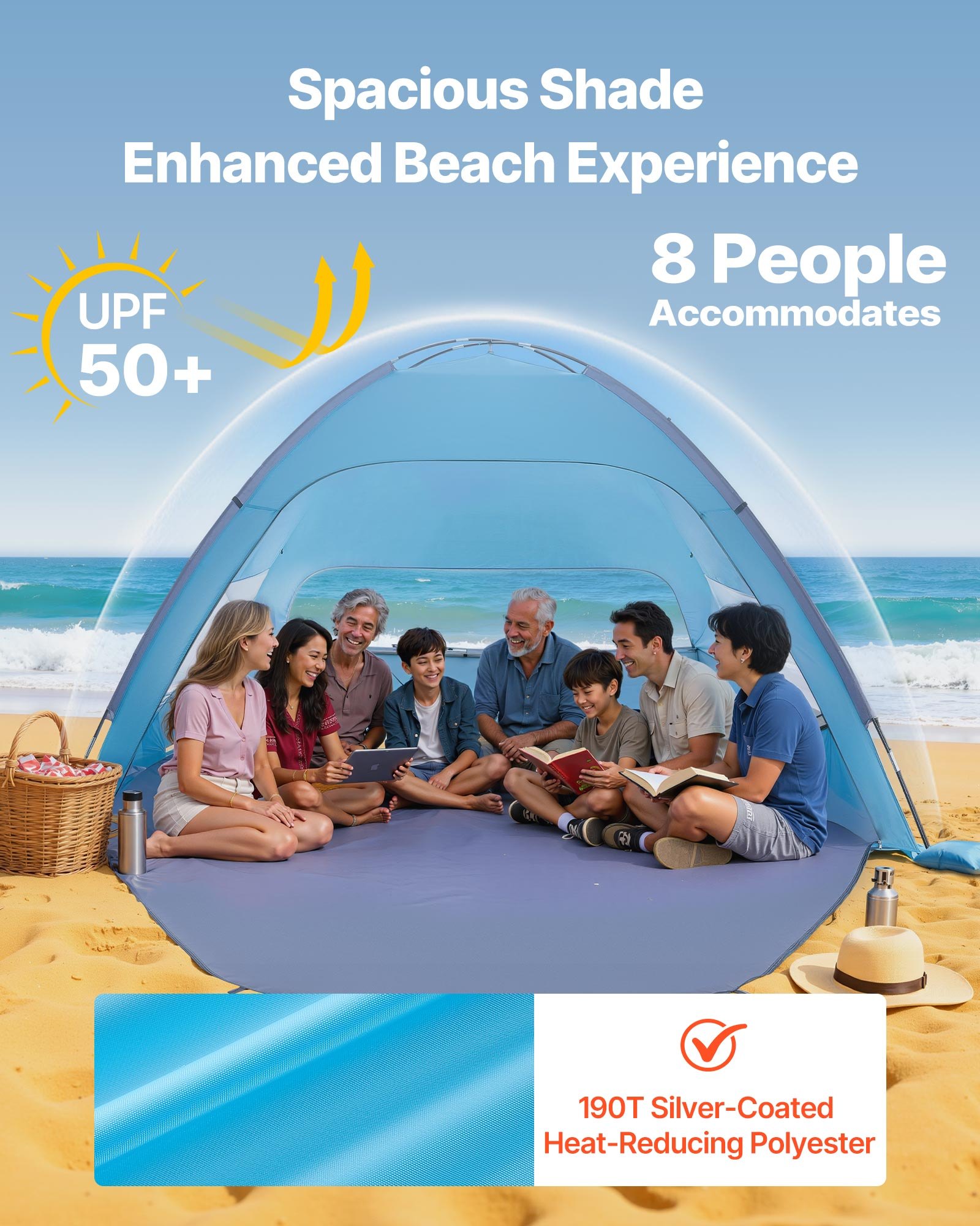 VEVOR Beach Tent Sun Shelter for 8 Person, UPF 50+ Protection, Portable Sun Shade Canopy with Carrying Bag & Sand Pockets, Lightweight and Easy Setup Beach Umbrella for Camping Fishing Outdoor Picnic