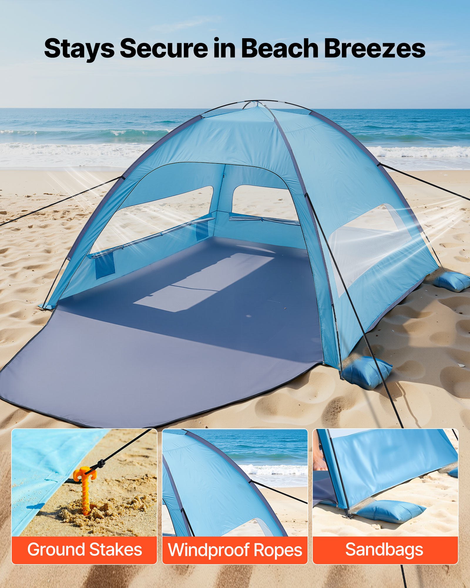 VEVOR Beach Tent Sun Shelter for 8 Person, UPF 50+ Protection, Portable Sun Shade Canopy with Carrying Bag & Sand Pockets, Lightweight and Easy Setup Beach Umbrella for Camping Fishing Outdoor Picnic