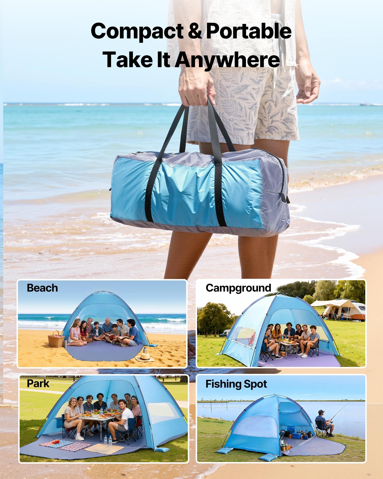 VEVOR Beach Tent Sun Shelter for 8 Person, UPF 50+ Protection, Portable Sun Shade Canopy with Carrying Bag & Sand Pockets, Lightweight and Easy Setup Beach Umbrella for Camping Fishing Outdoor Picnic