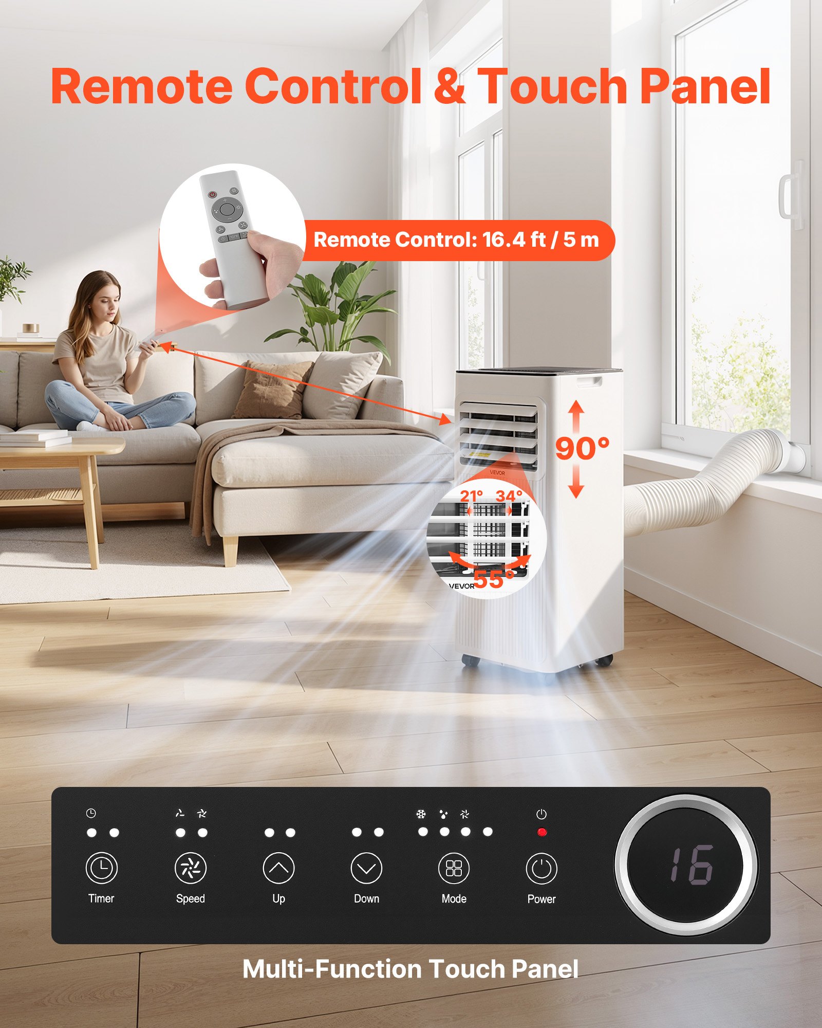 VEVOR Portable Air Conditioner, 9000 BTU 2.6kW 3-in-1 Standing Cooling Ac Unit, LED Touch Panel & Remote Control, 24h Timer, Cooling/Dehumidifier/Fan Mode for Room Indoor, White, Energy Efficiency: A