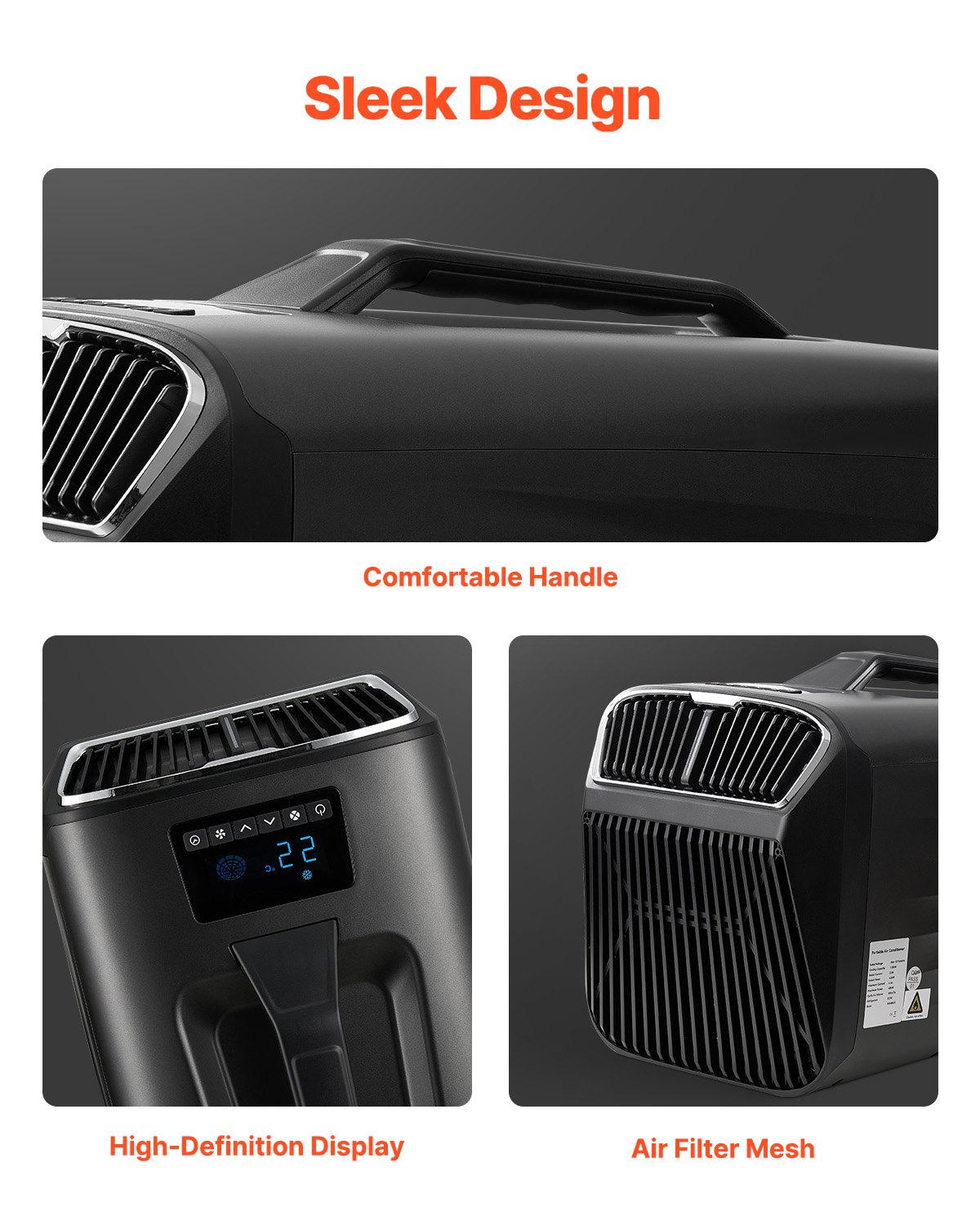 VEVOR Condizionatore d'Aria Portatile 4220,24 KJ Condizionatore d'Aria da Campeggio per Tende, Unità di Condizionamento dell'Aria 3 Velocità, Compatibile CA/CC per Camper, Uso Domestico, Grigio Scuro