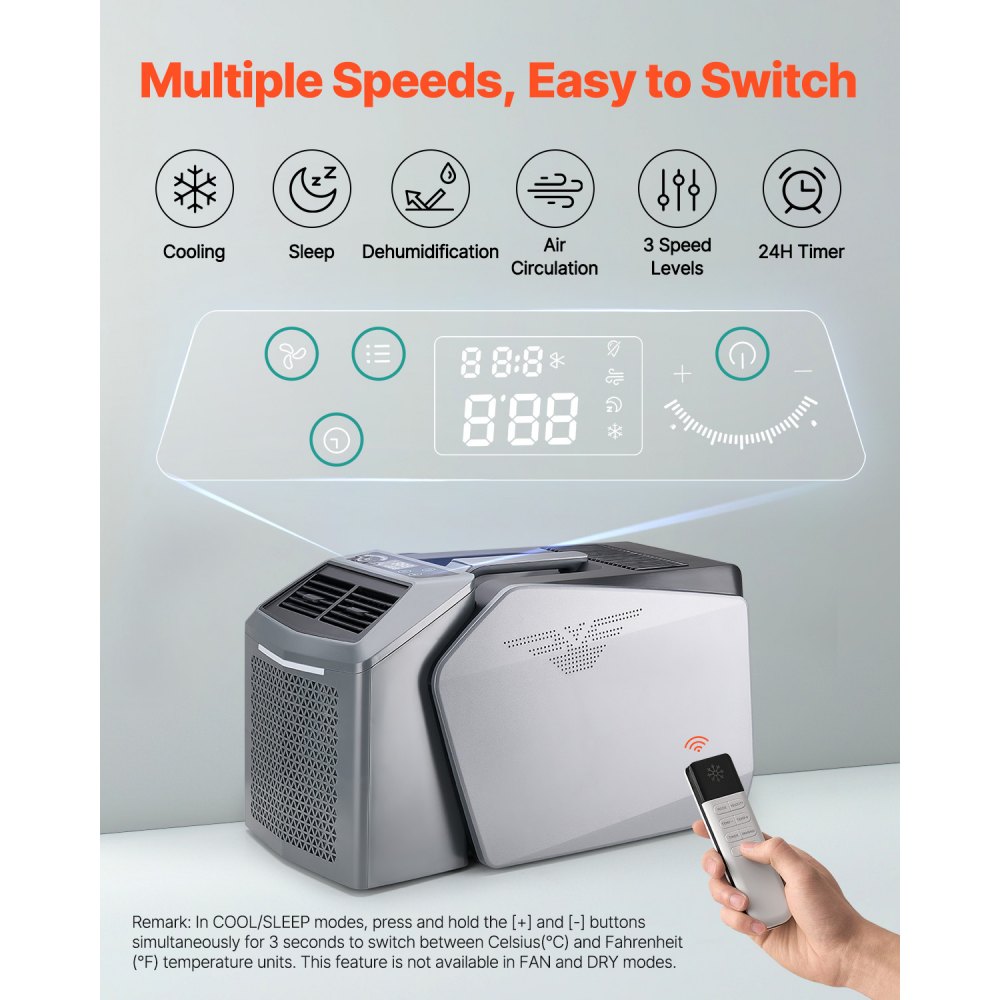 VEVOR Portable Air Conditioner, 5000 BTU, 3-Speed Air Conditioner with 24-Hour Timer, Cooler, Adjustable from 16-32 °C, Compatible with AC/DC, Camping, RVs or Home Use, Grey, 320x580x346 mm