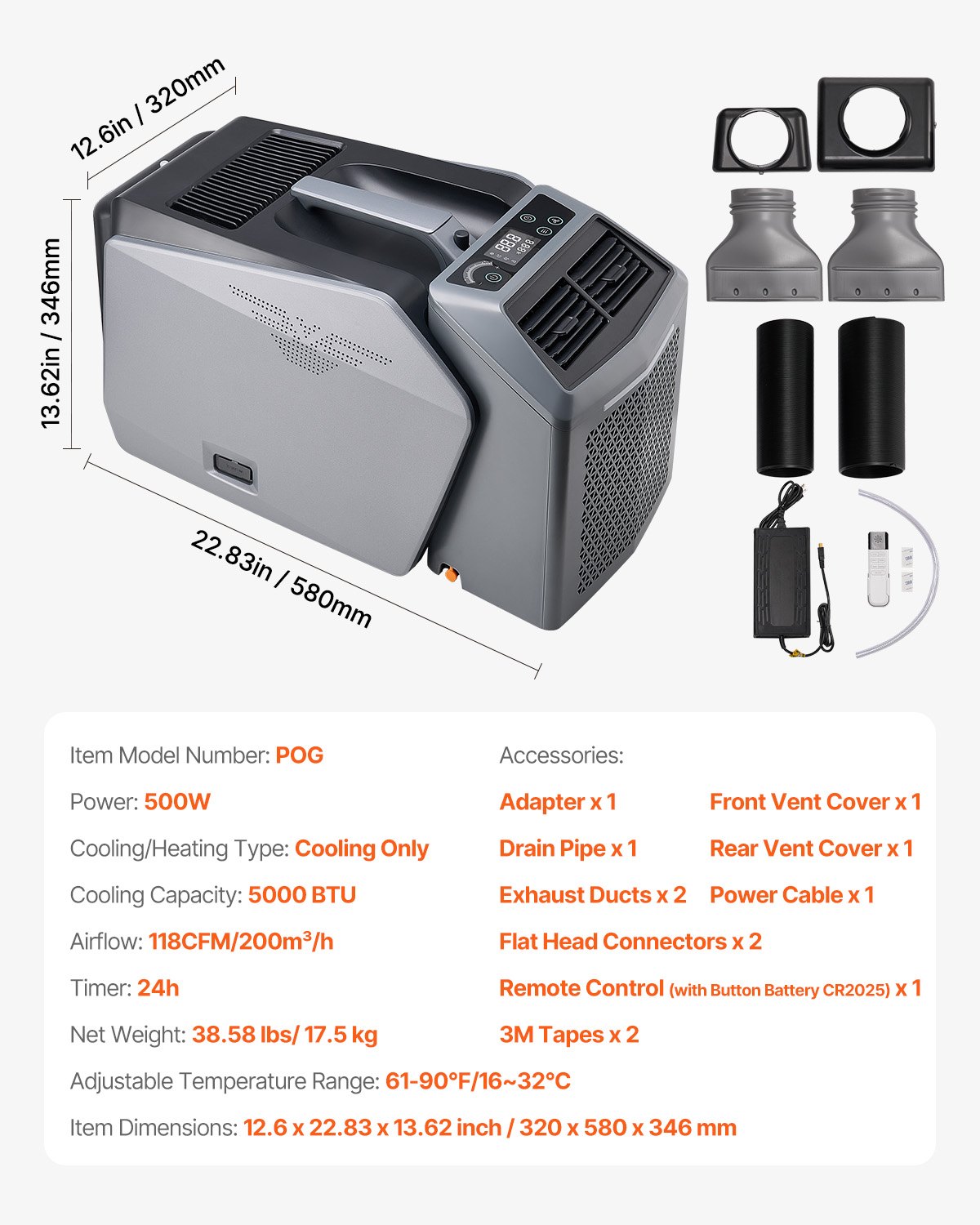 VEVOR Portable Air Conditioner, 5000 BTU, 3-Speed Air Conditioner with 24-Hour Timer, Cooler, Adjustable from 16-32 °C, Compatible with AC/DC, Camping, RVs or Home Use, Grey, 320x580x346 mm