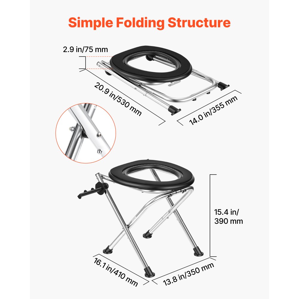VEVOR Portable Toilet for Camping, 160 kg Weight Capacity, Stainless Steel Foldable Camp Travel Toilet with Soft Seat for Adults, Suitable for Truckers, RV Travel, Camping, Road Trips, Outdoor Use