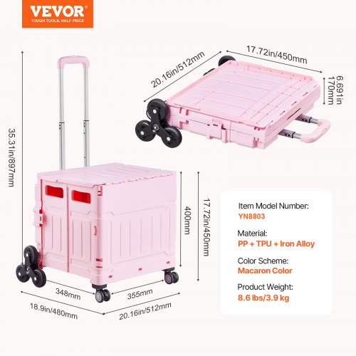 VEVOR 65L opvouwbare draagbare krat rollende trap klimmen 360° draaibare wielen, handkar met telescopische handgreep voor winkelen, kantoor, verhuizende leraar, roze, 512 x 480 x 897 mm