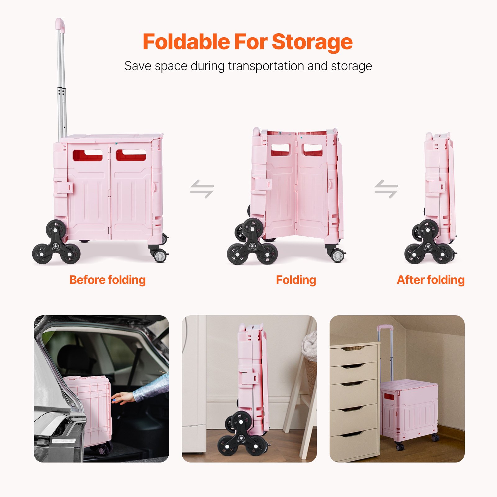 VEVOR Carrello Pieghevole, Carrello Portaoggetti Portatile 65 L con Ruote per Salire, Carrello a Mano con  Ruote Girevoli 360° Maniglia Telescopica per l'Ufficio, l'Insegnante, in Movimento, Rosa