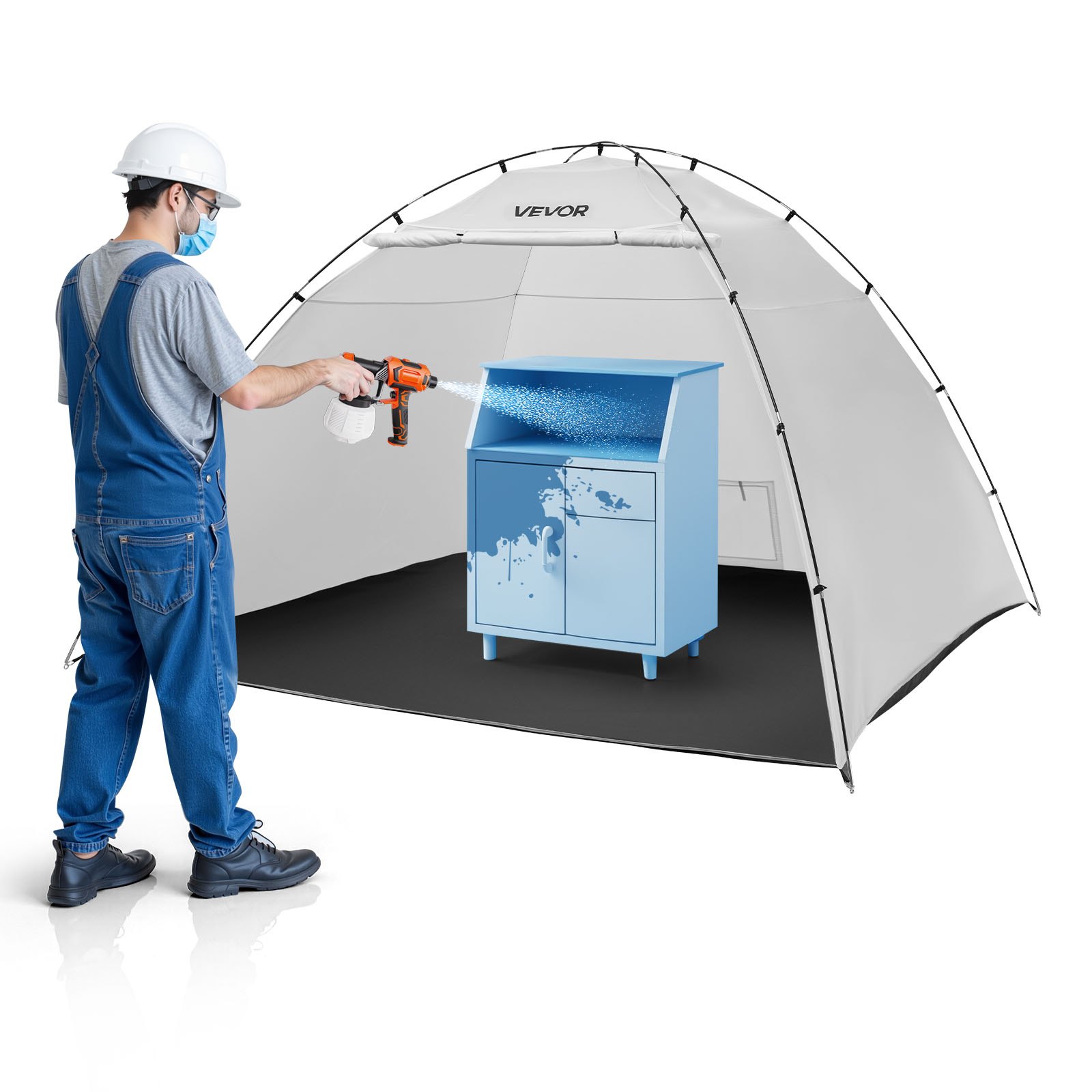 VEVOR Tenda per Cabina di Verniciatura a Spruzzo Portatile Area Lavoro 295x292x202 cm, Tenda per Verniciatura a Spruzzo Cabina Pieghevole con Pavimento Integrato Porta Avvolgibile, Armadi, Mobiletti
