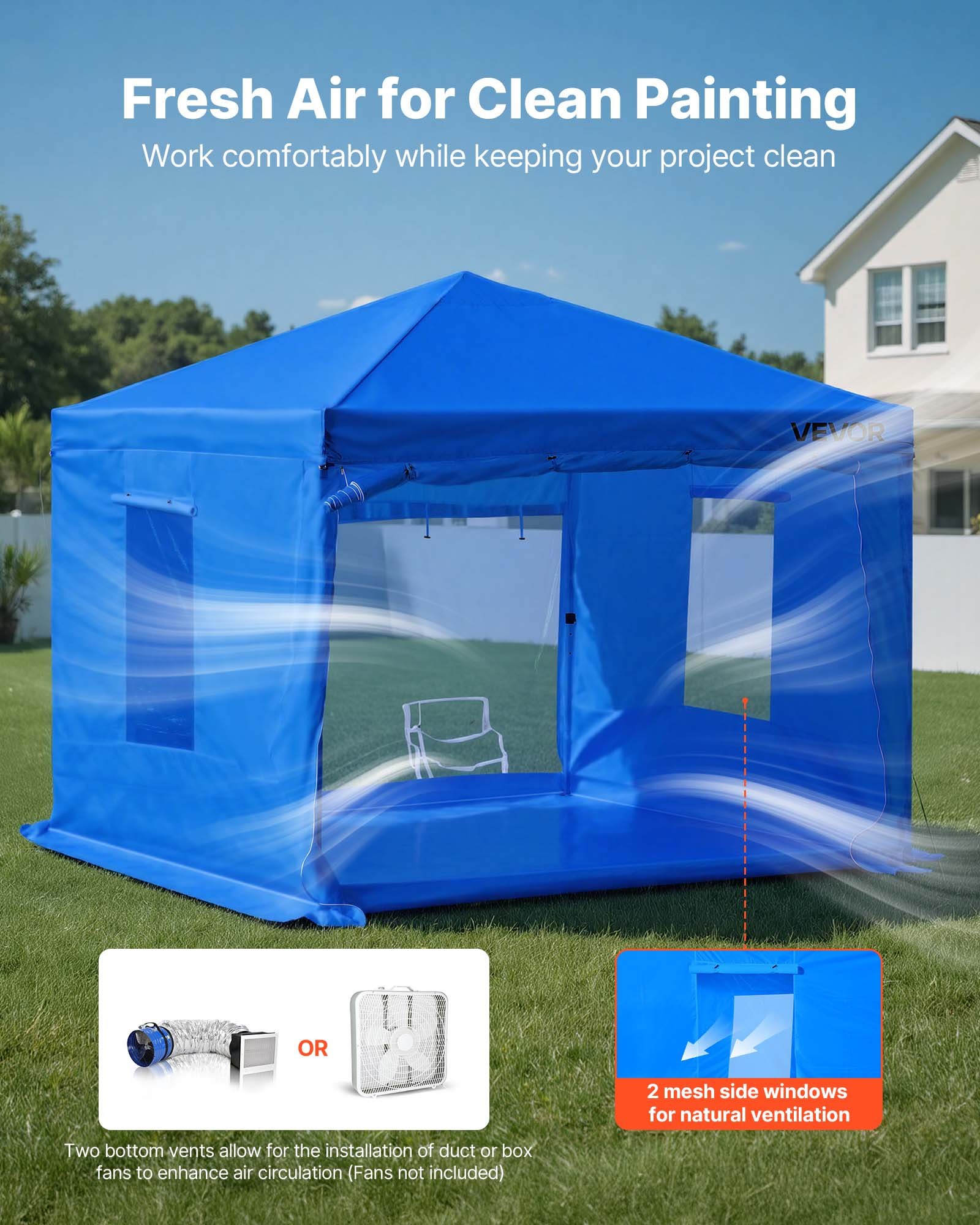 VEVOR Tenda per Cabina di Verniciatura a Spruzzo Portatile 293x293x181 cm Tenda per Verniciatura a Spruzzo Cabina Impermeabile e Pieghevole con 2 Finestre Laterali per Esterno, Auto, Moto, Blu