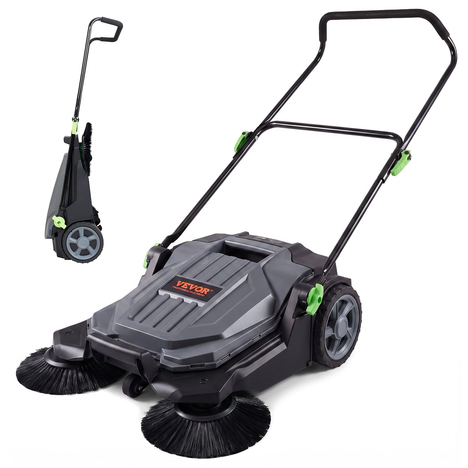 VEVOR Spazzatrice per pavimenti a terra manuale, larghezza 65cm Spazzatrice per pavimenti manuale, contenitore per rifiuti da 18,9L, maniglia in angolazione e altezza, cortile, garage, patio
