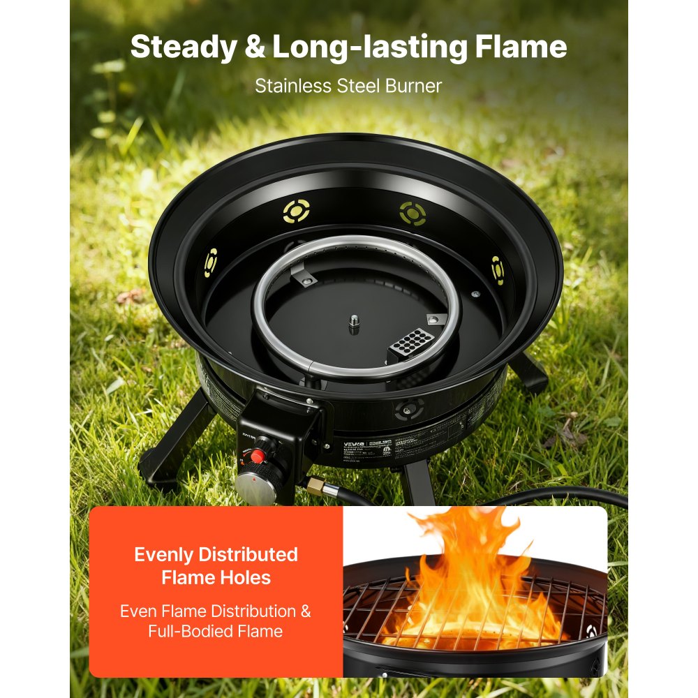 VEVOR Braciere a Propano da 60,5 cm, con Griglia e Rocce Laviche, Fiamma Regolabile, Gambe Pieghevoli, Braciere da Esterno Senza Fumo per Campeggio, Patio, Cortile, Terrazza, Camper, Nero