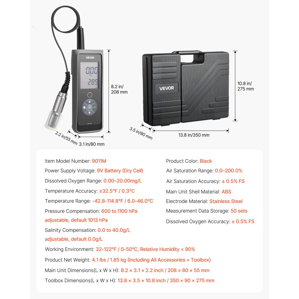 VEVOR Dissolved Oxygen Meter, 0.0-20.0 mg/L Measurement Range, Portable Dissolved Oxygen Tester Kit with 4 m Electrode Cable, Membrane Set and Carrying Case, Data Sets Storage, DO Meter for Ponds
