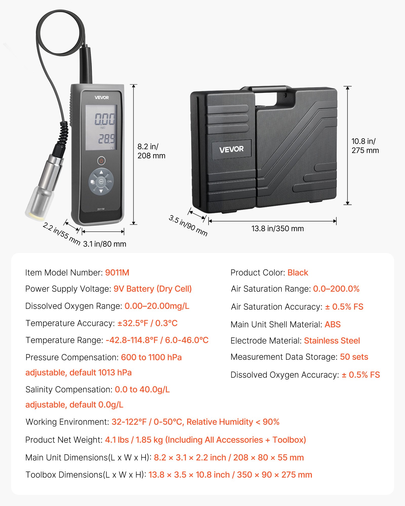 VEVOR Dissolved Oxygen Meter, 0.0-20.0 mg/L Measurement Range, Portable Dissolved Oxygen Tester Kit with 4 m Electrode Cable, Membrane Set and Carrying Case, Data Sets Storage, DO Meter for Ponds