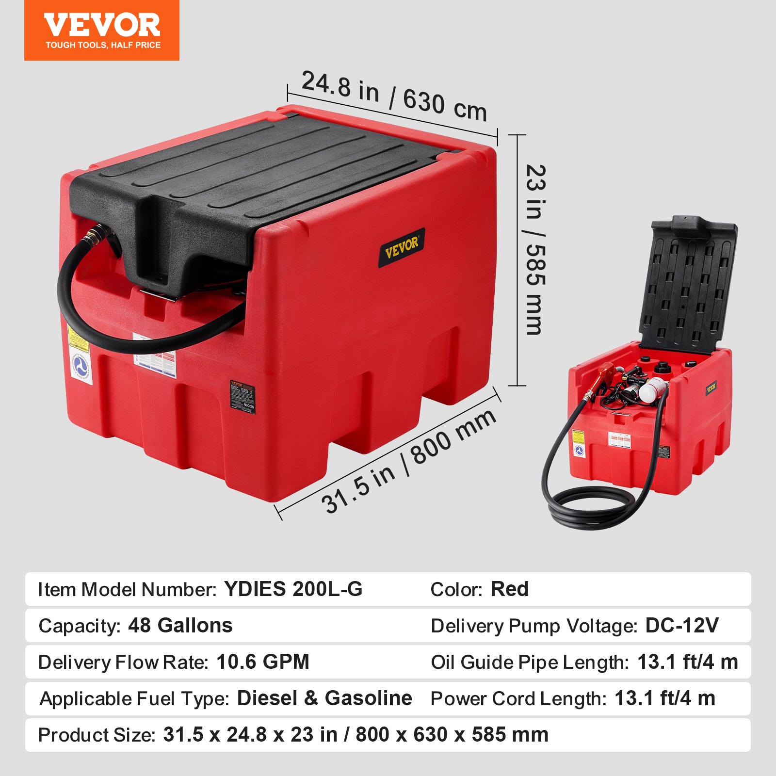 VEVOR Portable Diesel and Gasoline Tank, 48 Gallons, 10.6 GPM Flow Rate, Diesel Fuel Tank with 12V Electric Transfer Pump, 13.1 Foot Hose, Automatic Tank Nozzle, Transfer Tank for Easy Fuel Transport, Red