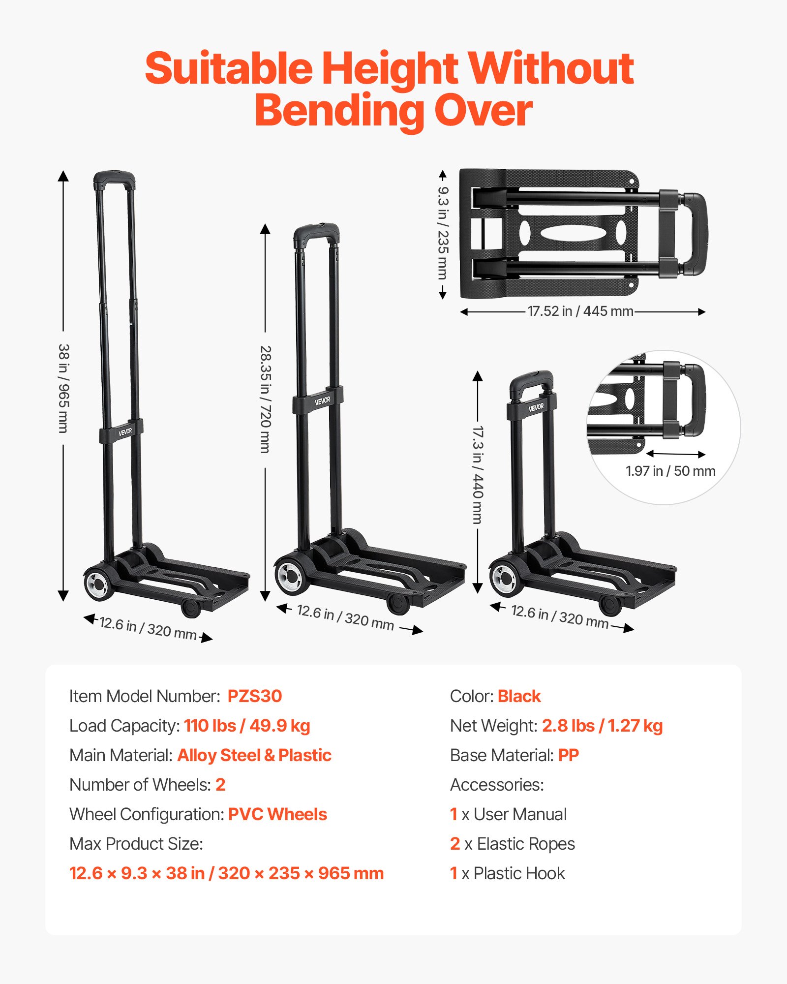 VEVOR Folding Hand Truck, 49.9 kg Load Capacity, Collapsible Luggage Cart with 2 Wheels & 1 Elastic Rope, Utility Dolly Platform Cart for Airport Travel Furniture Luggage Office Moving, Black