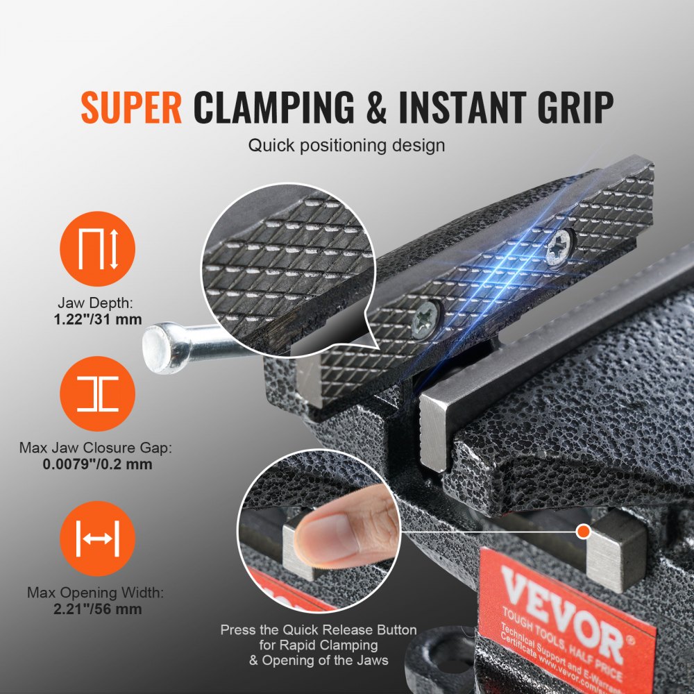 VEVOR Morsa da Banco per Lavorazione di Metallo Legno Profondità Ganasce 31 mm Larghezza max. di Apertura 56 mm Forza Serraggio max. 7KN, Morsa da Banco Materiale in Ghisa Base Girevole 360° Fai-da-te