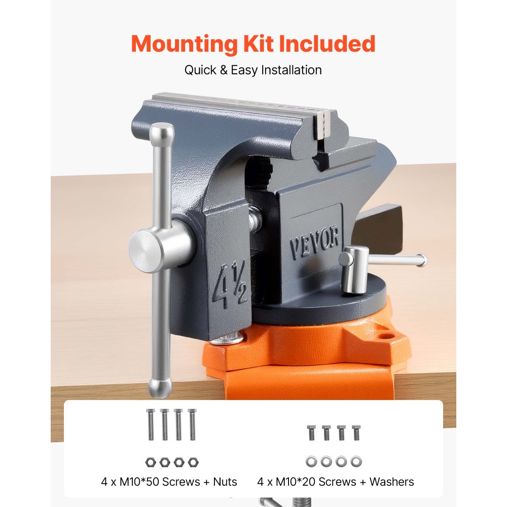 VEVOR Morsa da Banco Portatile con Base Girevole, Morsetto da Banco Rotante a Sgancio Rapido 114,3 mm, Struttura in Ghisa, per Lavorazione di Legno Metalli, Foratura e Segatura, Taglio di Condotti
