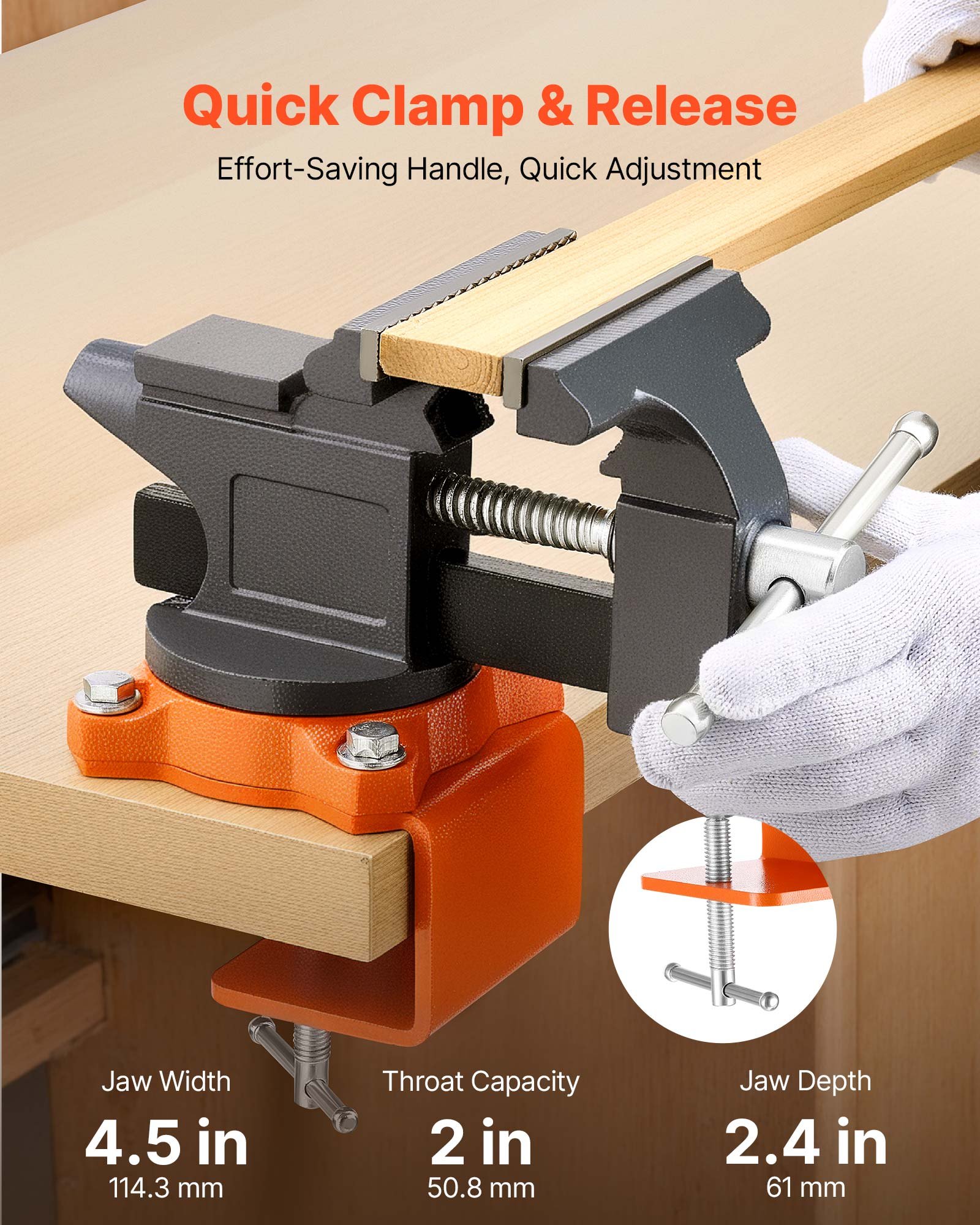 VEVOR Morsa da Banco Portatile con Base Girevole, Morsetto da Banco Rotante a Sgancio Rapido 114,3 mm, Struttura in Ghisa, per Lavorazione di Legno Metalli, Foratura e Segatura, Taglio di Condotti