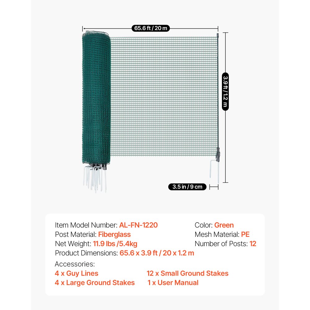 VEVOR Temporary Fence with Posts, 1.2 x 20m Plastic Mesh Fencing, Garden Safety Fences Netting with Double-Spike Stakes & Guy Ropes, Temporary Fence for Dogs, Chickens, Plants, Outdoor Yards