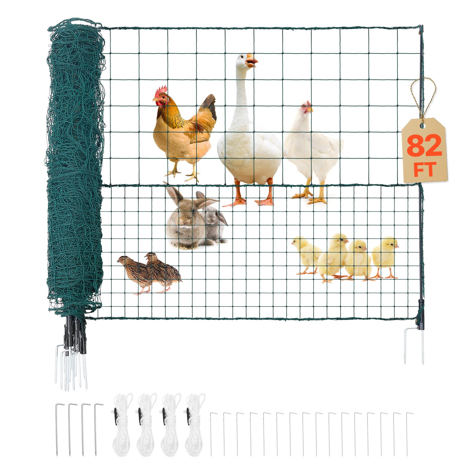 VEVOR Temporary Fence with Posts, 1.25 x 25m Plastic Mesh Fencing, Garden Safety Fences Netting with Double-Spike Stakes & Guy Ropes, Temporary Fence for Dogs, Chickens, Plants, Outdoor Yards