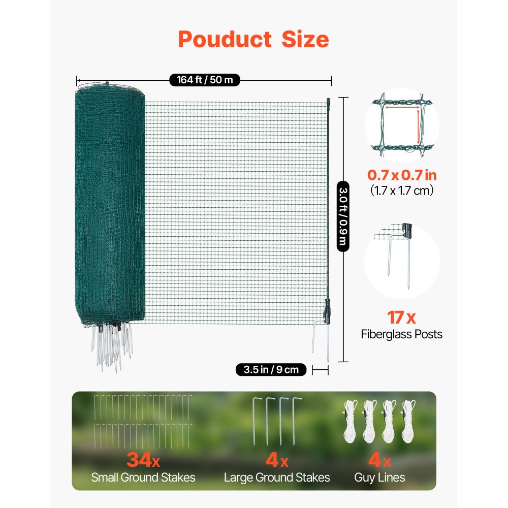 VEVOR Rete per Recinzione in Plastica, Recinzione Temporanea Flessibile 0,9 x 50 m, Rete di Sicurezza con Pali, Picchetti a Doppia Punta e Tiranti, Brriera Protettiva Rimovibile per Aiuola e Giardino