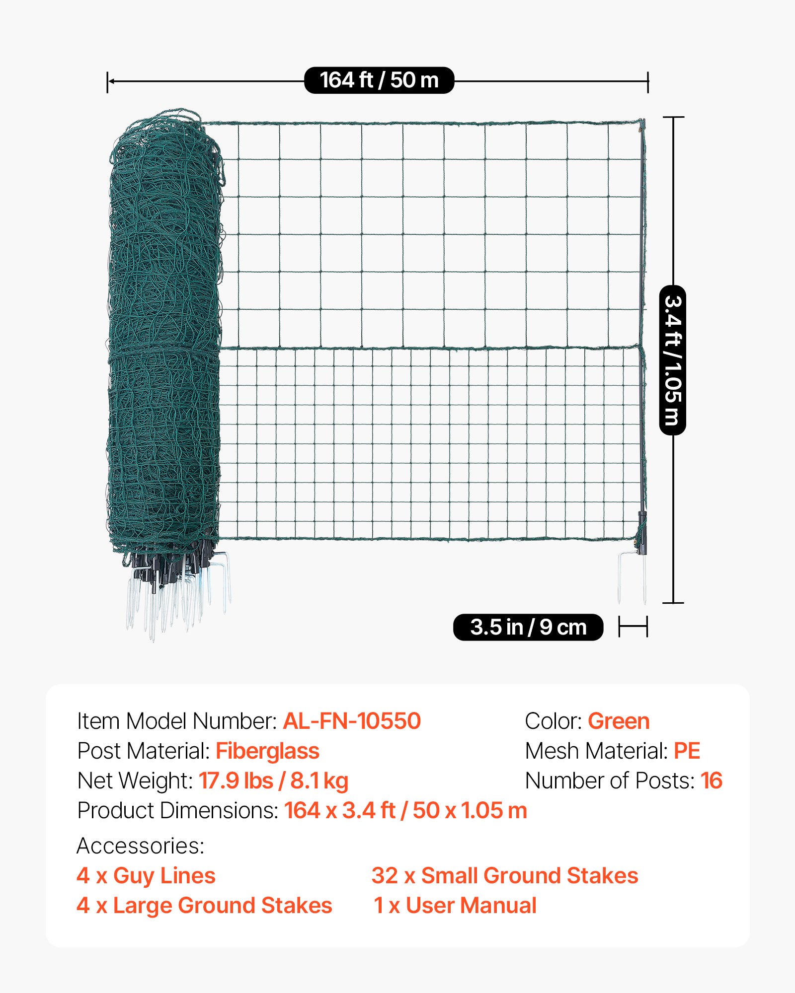 VEVOR Temporary Fence with Posts, 1.05 x 50m Plastic Mesh Fencing, Garden Safety Fences Netting with Double-Spike Stakes & Guy Ropes, Temporary Fence for Dogs, Chickens, Plants, Outdoor Yards