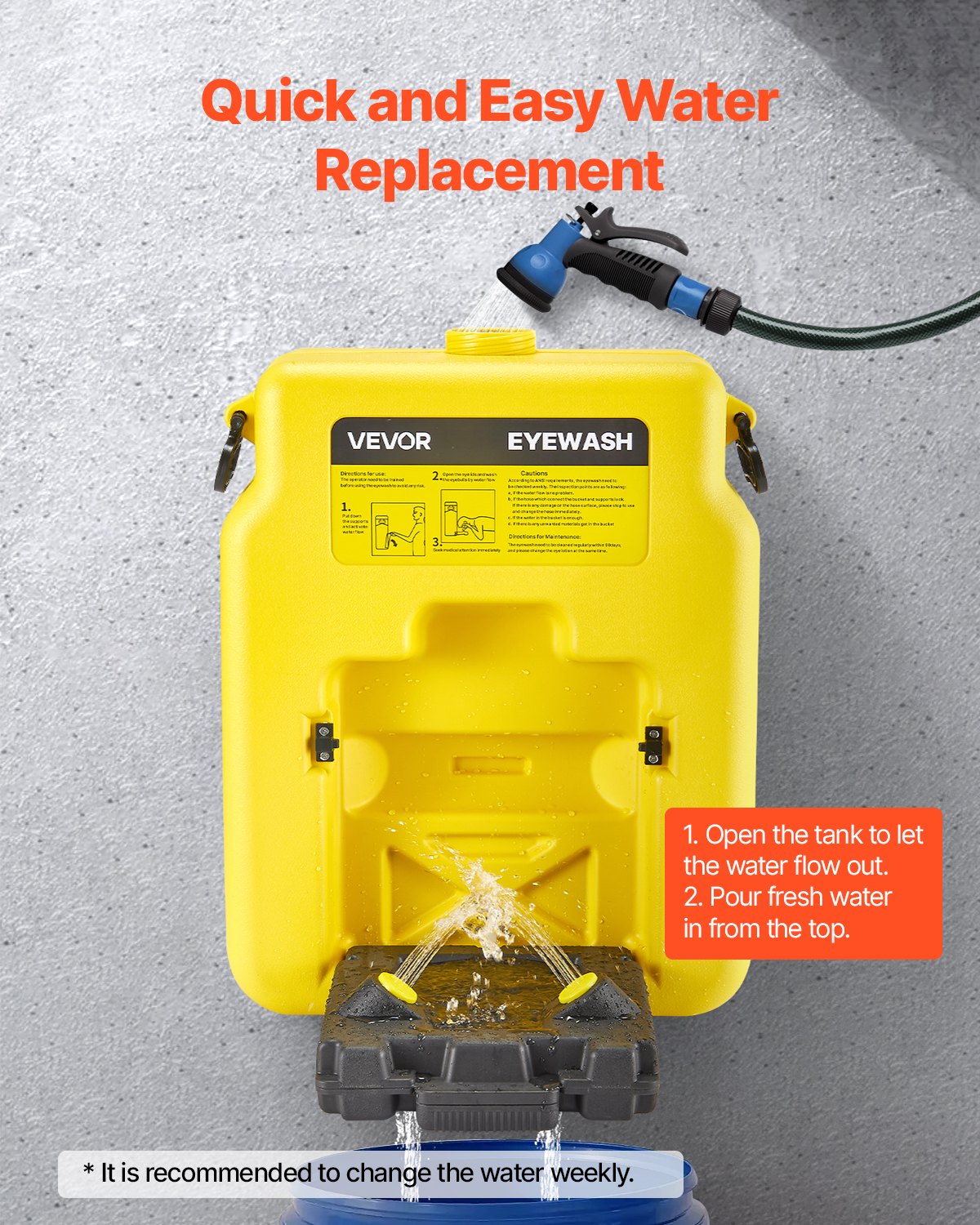 VEVOR Eyewash Station 53 L, OSHA-approved wall-mounted/flat-surface eyewash unit, eye cleaning device with 2 nozzles, first aid eyewash units for schools, laboratories, factories, yellow