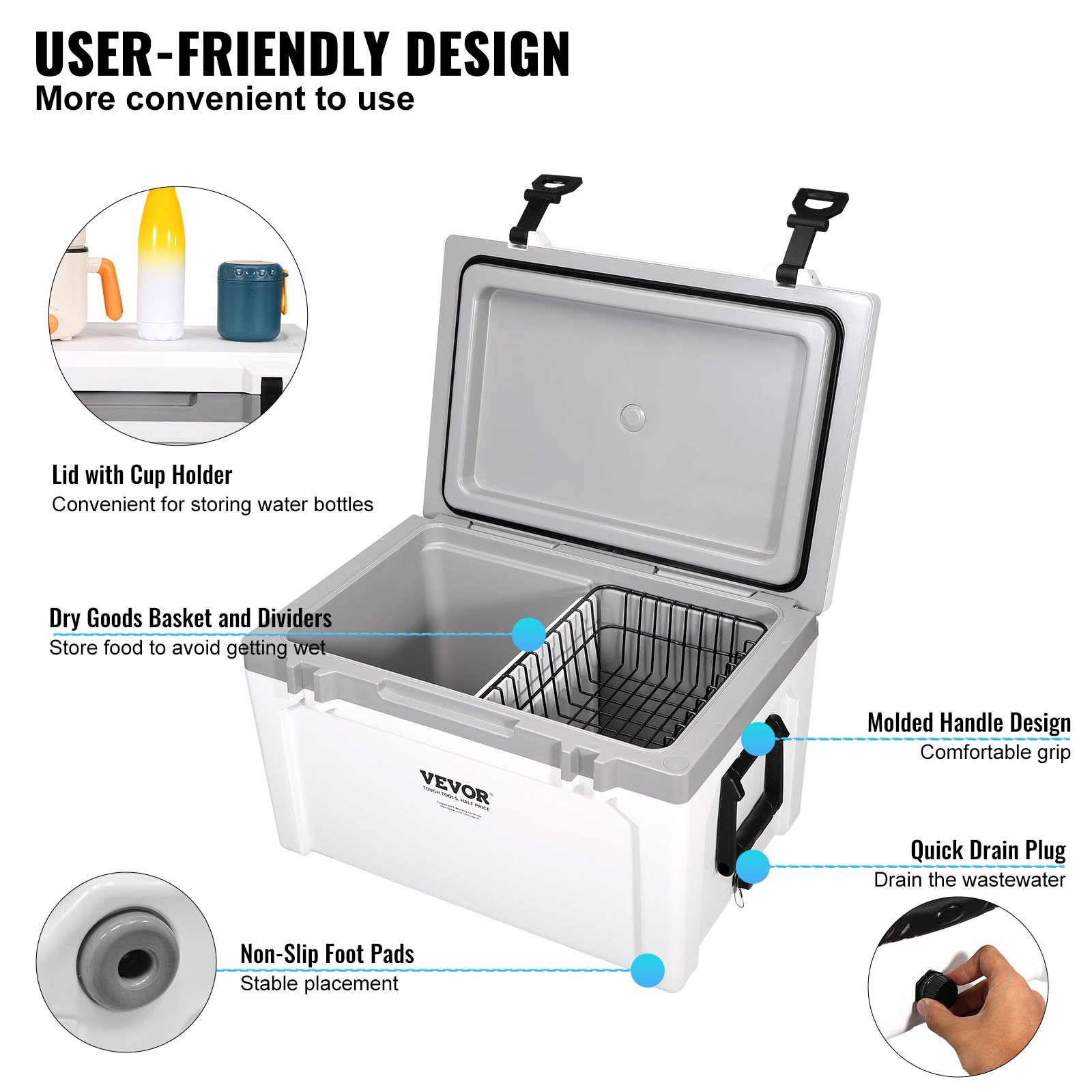 VEVOR Passive Cooler Box Ice Box 57.26 L, Insulated Cooler Box Camping Thermobox 45-50 Cans, Camping Box Refrigerator with a Basket, Portable Insulated Cooler Box, Multifunctional Ice Chest Cooler