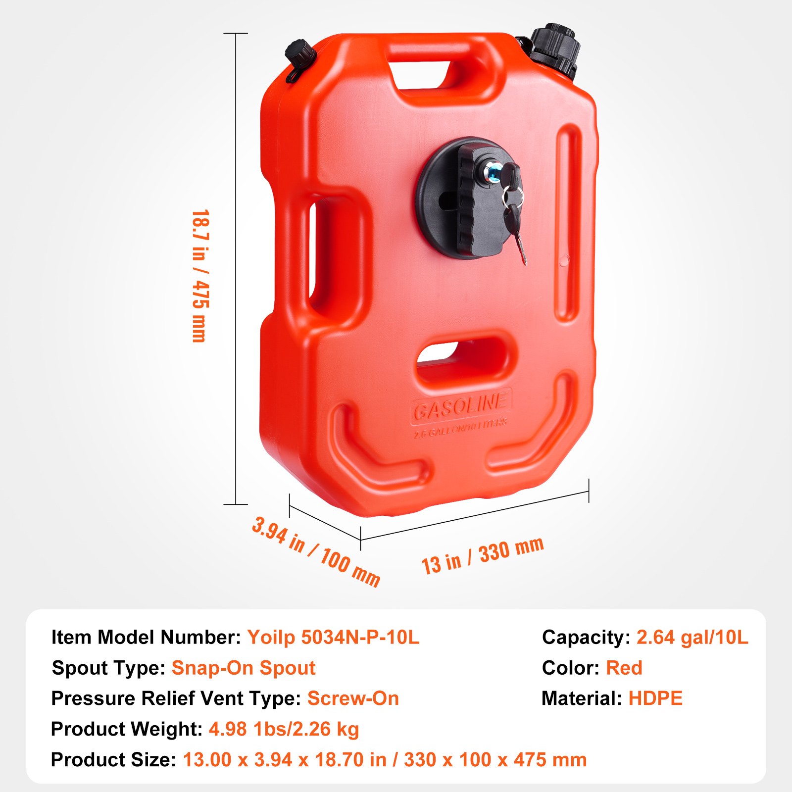 VEVOR Tanica per gas portatile per serbatoio carburante da 2,64 galloni/10 litri con serratura per moto ATV SUV