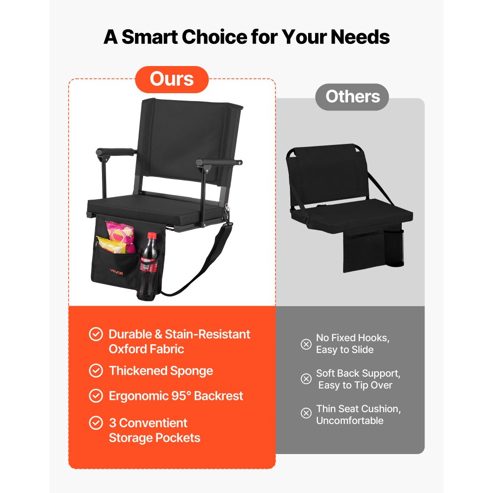 VEVOR Sedia da Stadio Portatile con Schienale e Braccioli Sedile a Pavimento per Eventi Sportivi, Cuscino da Stadio Realizzata in Tessuto Oxford 600D Larghezza Totale 474,98 mm, Nera