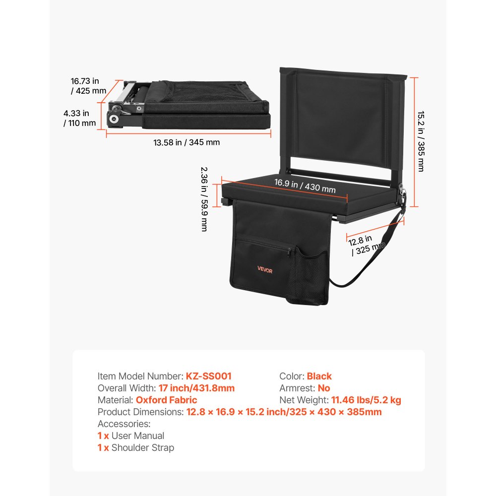 VEVOR Stadium Seat, Folding Bleacher Seat with Back Support and Thick Cushion, Padded Stadium Seats for Bleacher Includes Shoulder Strap, Hooks, Cup Holder, and Side Pocket, Black Bleachers Chair