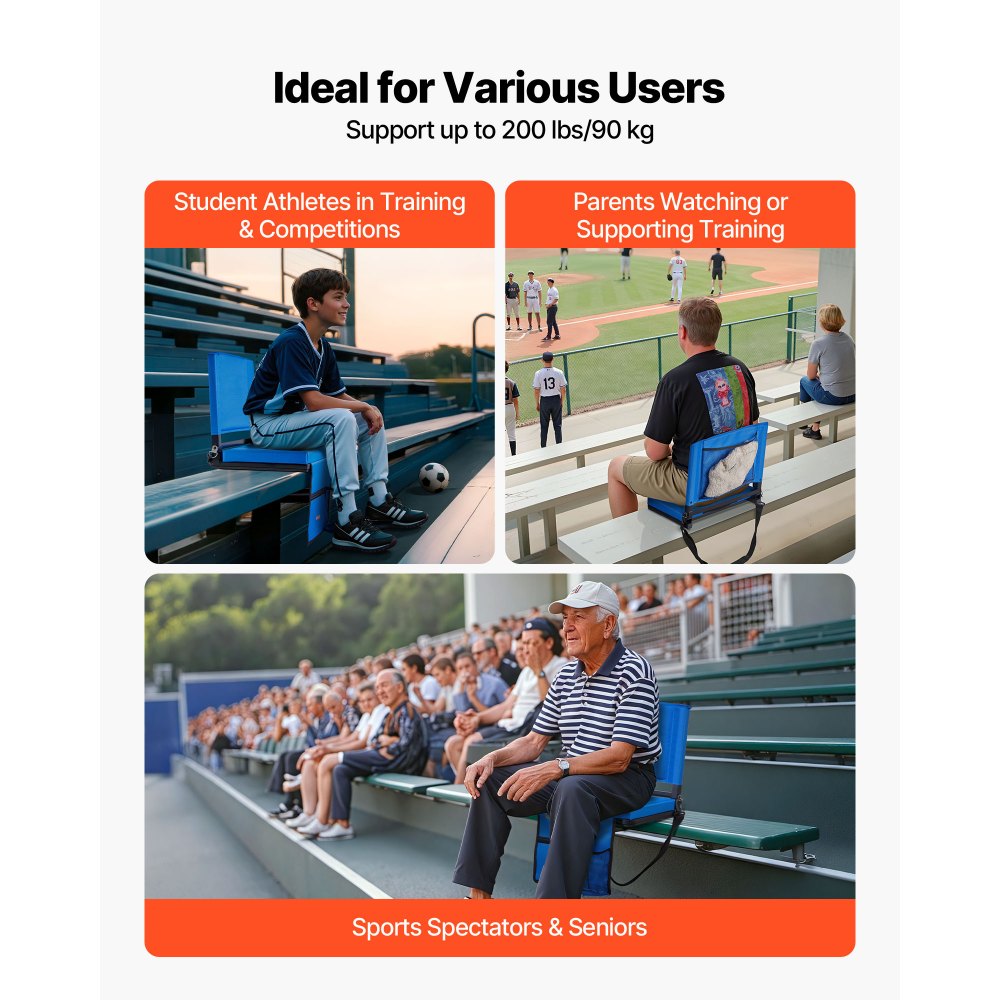 VEVOR Stadium Seat, Folding Bleacher Seat with Back Support & Thick Cushion, Padded Stadium Seats for Bleacher Includes Shoulder Strap, Hooks, Cup Holder, and Side Pocket, Blue Bleachers Chair