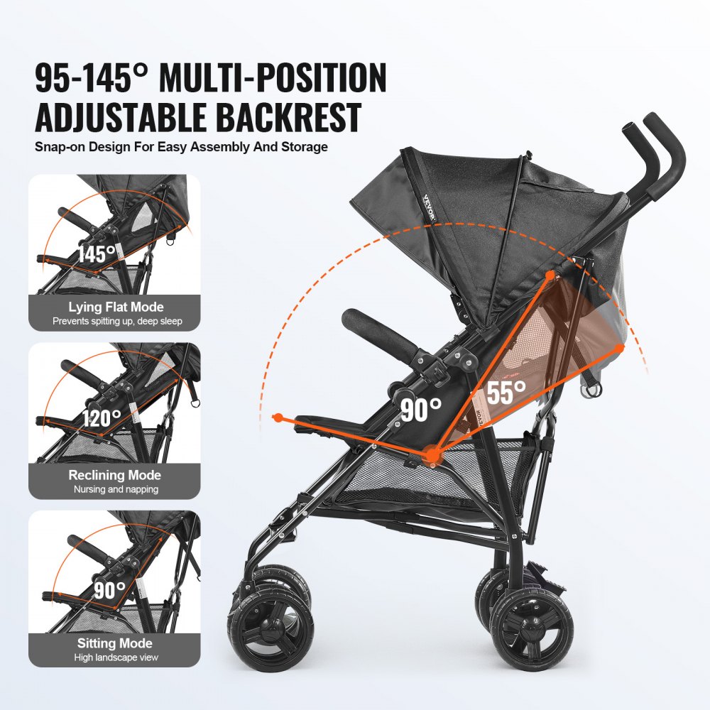 VEVOR Passeggino Leggero, 1170 x 340 x 240 mm Passeggino per Bambini Piccoli a Ombrello, Schienale Reclinabile Multiposizione, Telaio in Acciaio Carbonio, Ampio Cestino Portaoggetti, per Viaggi, Nero