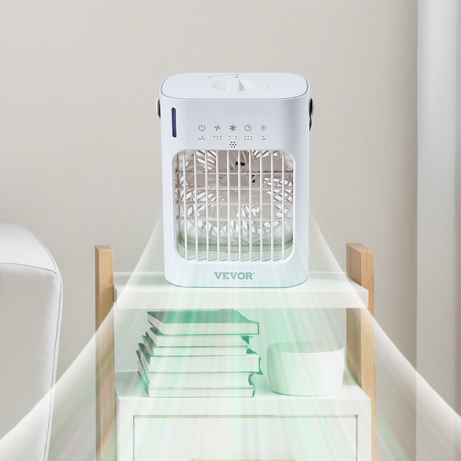 VEVOR Mobile Air Conditioner, 4-in-1 Air Cooler, 3-Speed Mini Air Cooler with 0-7 Hour Smart Timer, 700ml Water Tank, 7-Color Light, Personal Mini Desk AC Fan for Bedroom, Office